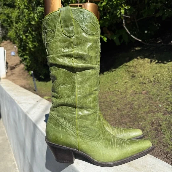 Steve Madden Saddle Green Leather Slouchy Western Cowboy Boots Womens 9B Brazil - Picture 3 of 13